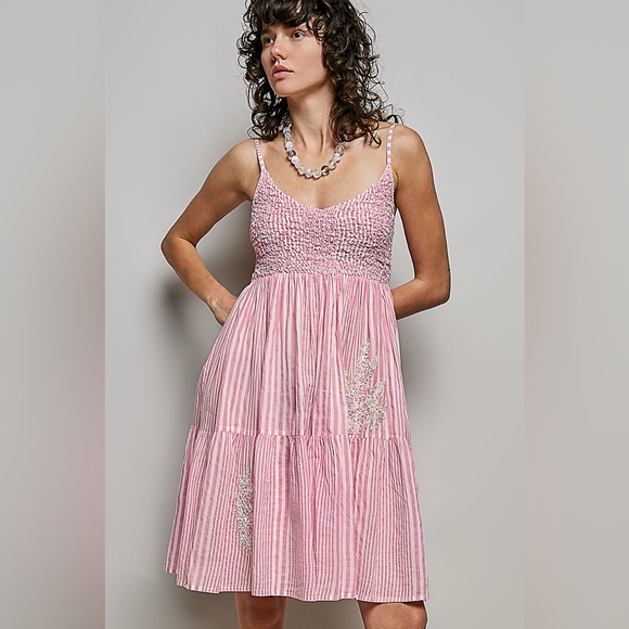 POL Dresses & Skirts - POL Pink Cotton Striped Smocked Sundress with Embroidery